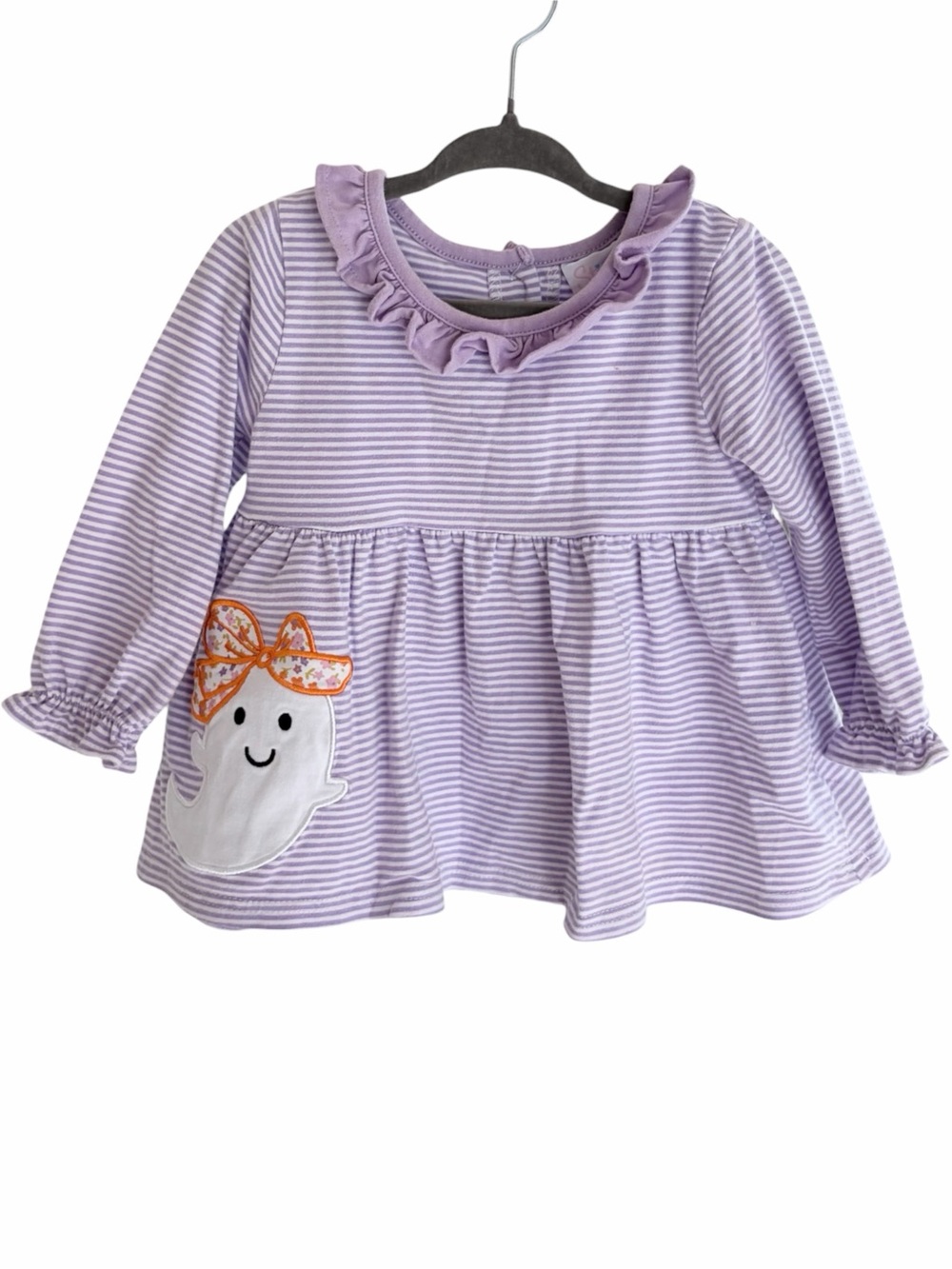Stitchy Fish Ghost Halloween Top, Purple Stripe Knit Shirt Boo Bows Ruffle White